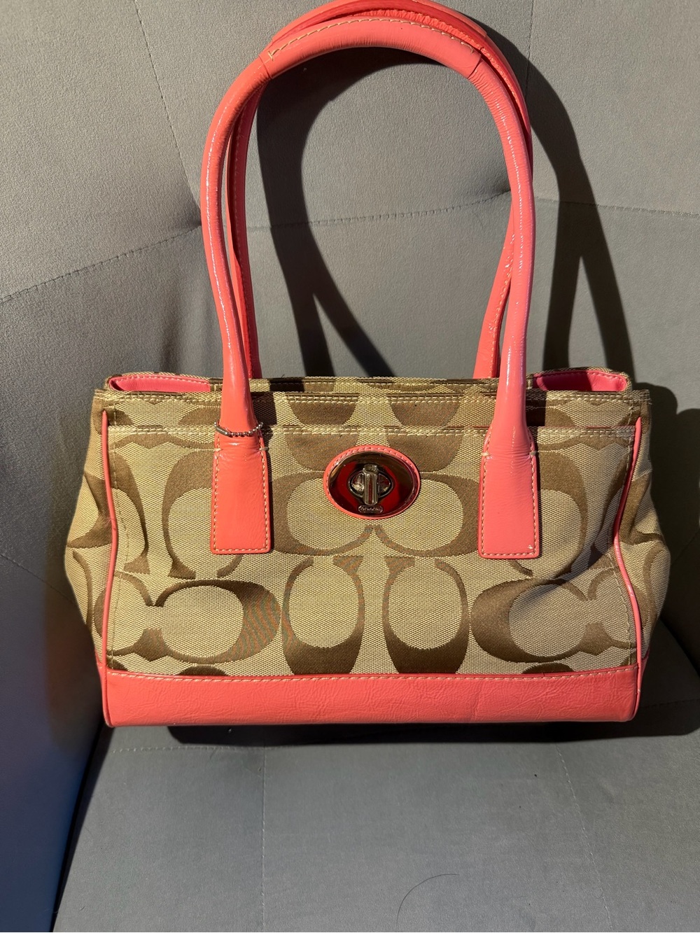 Coach Brown Signature Canvas Shoulder Bag with Coral Trim